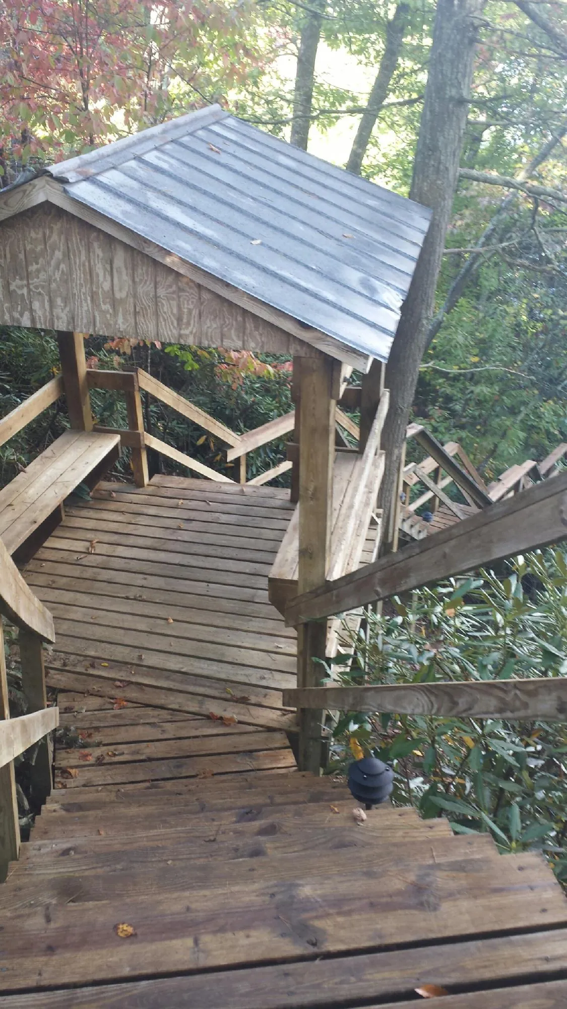 Metal roofed shelter over wooden steps on a wooded walkway — Skylight Repair & Installation work by our crew in Allston